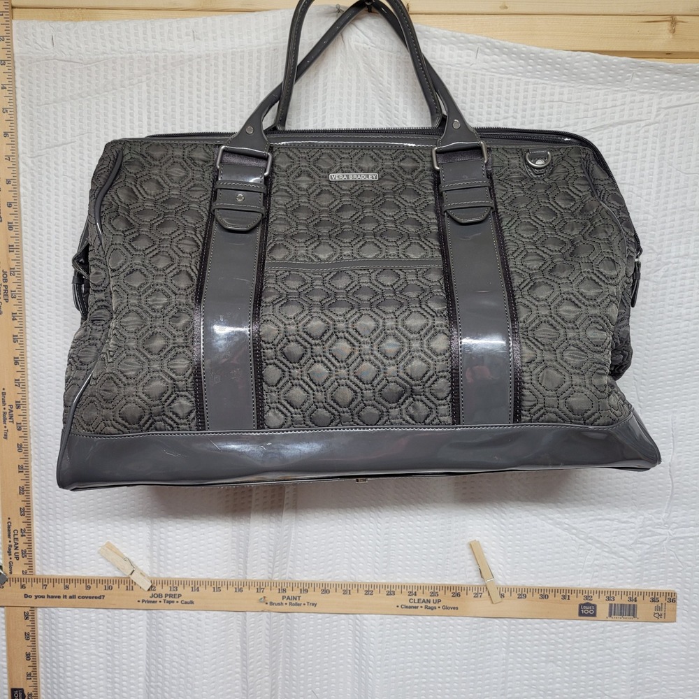 Vera Bradley Gray Quilted Weekender Travel Duffel Bag Patent Trim Carry On